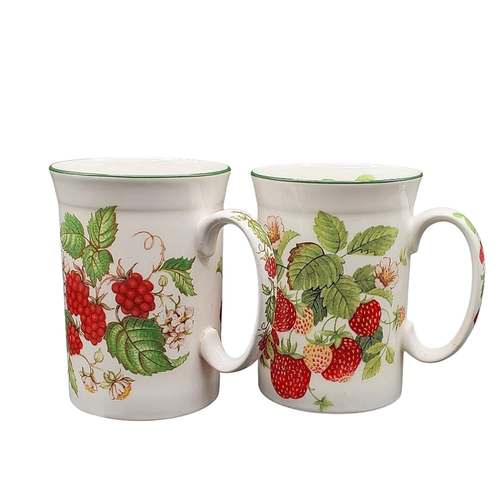1990's Roy Kirkham Strawberry & Raspberry Garden Fruit Mugs Set Of 2